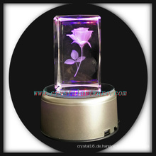 3D Laser graviert Crystal Rose Block mit Led Basis Valentinstag Geschenk